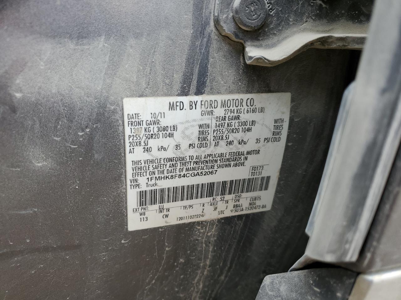 2012 Ford Explorer Limited VIN: 1FMHK8F84CGA52067 Lot: 56436294