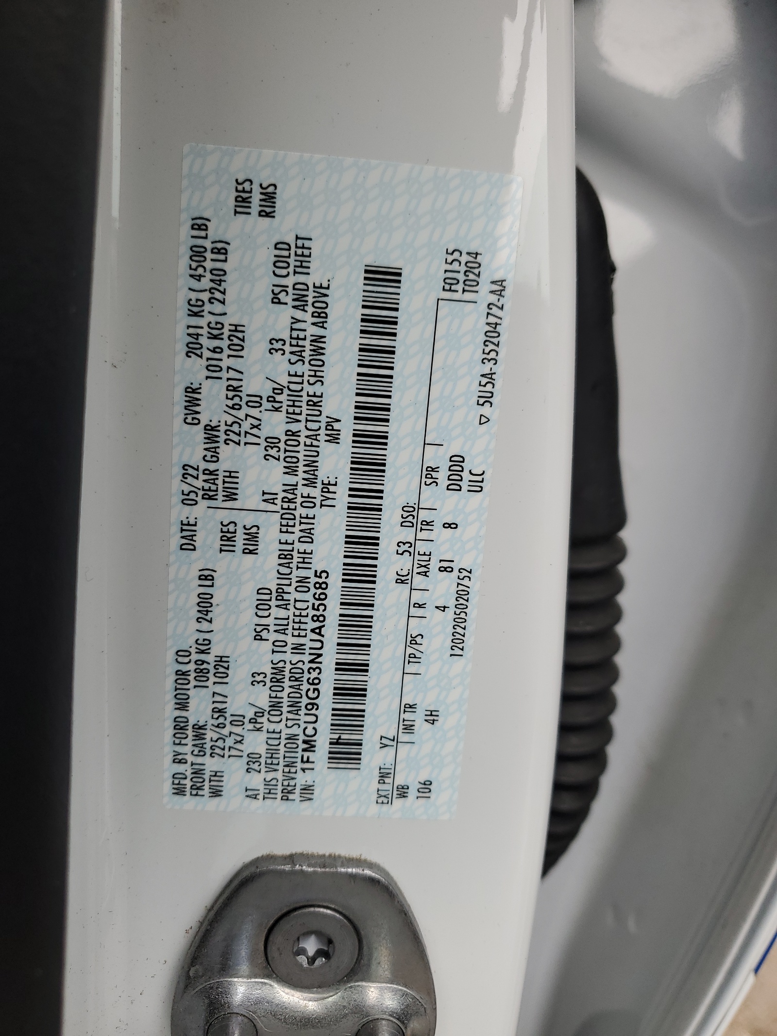 1FMCU9G63NUA85685 2022 Ford Escape Se