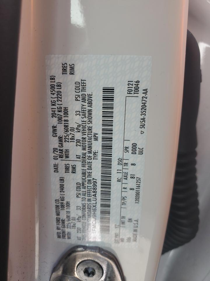 2020 Ford Escape Sel VIN: 1FMCU9H6XLUA88997 Lot: 54507924