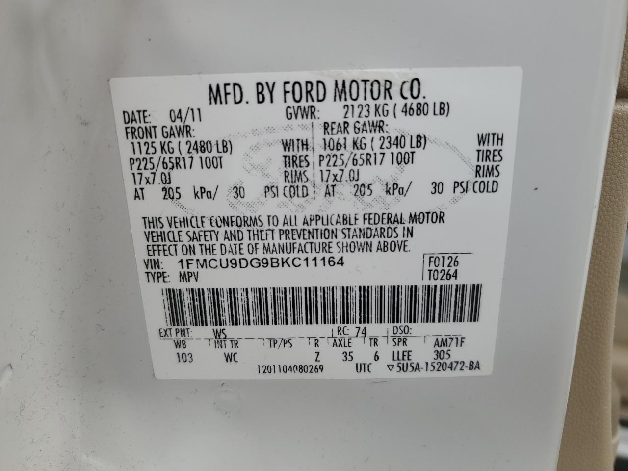 1FMCU9DG9BKC11164 2011 Ford Escape Xlt