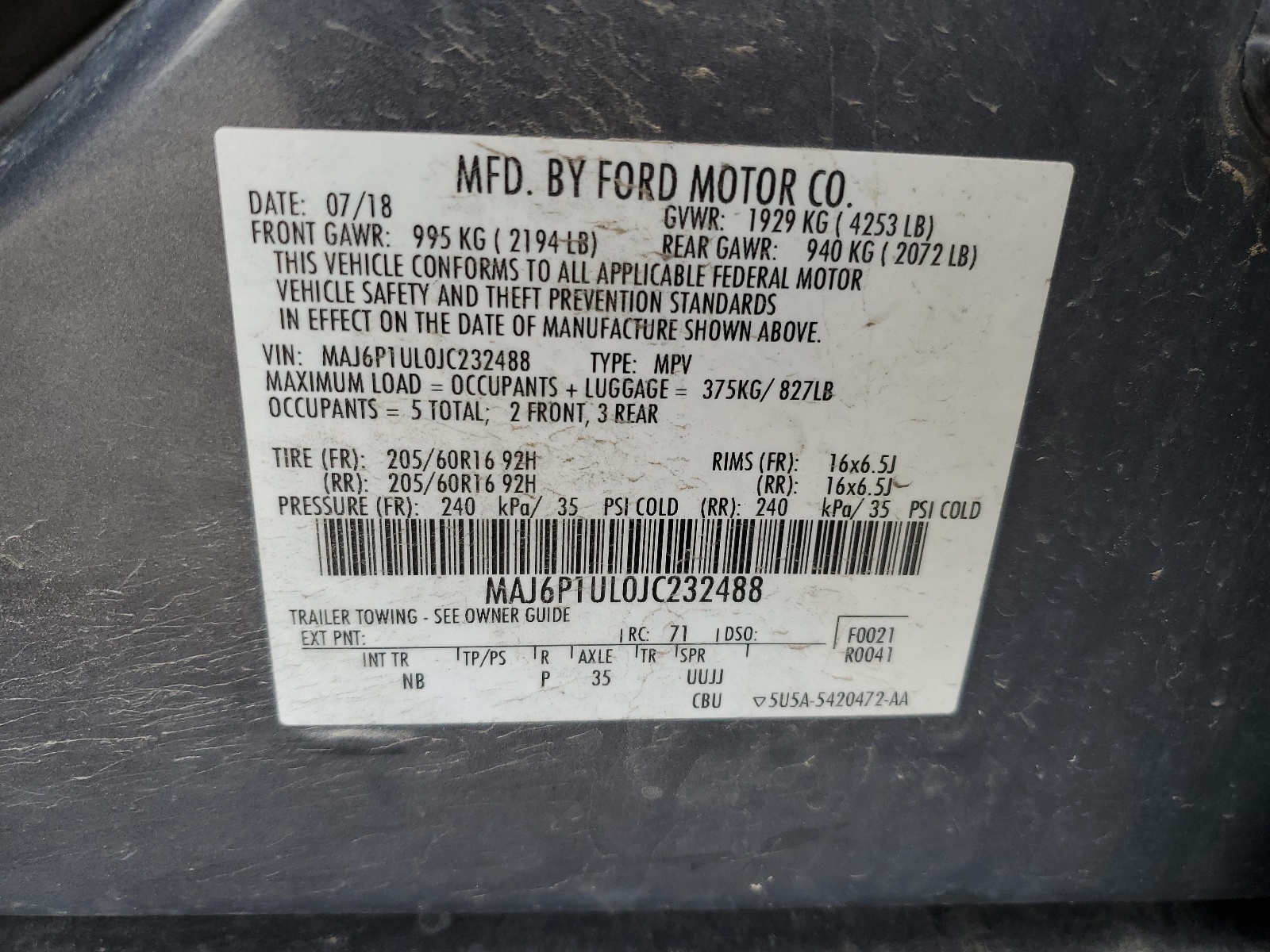 2018 Ford Ecosport Se vin: MAJ6P1UL0JC232488