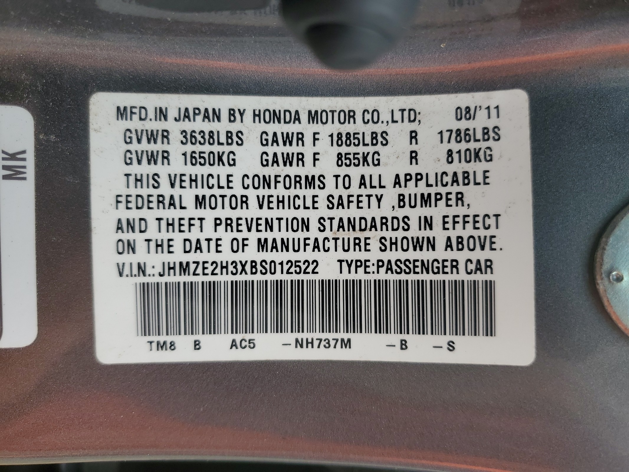 JHMZE2H3XBS012522 2011 Honda Insight