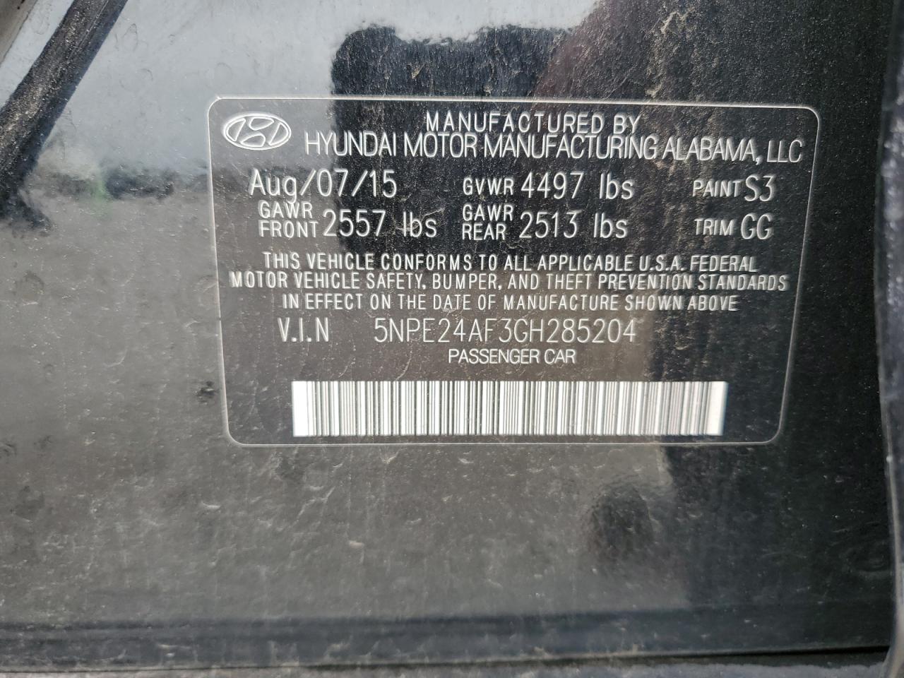 2016 Hyundai Sonata Se VIN: 5NPE24AF3GH285204 Lot: 53630124