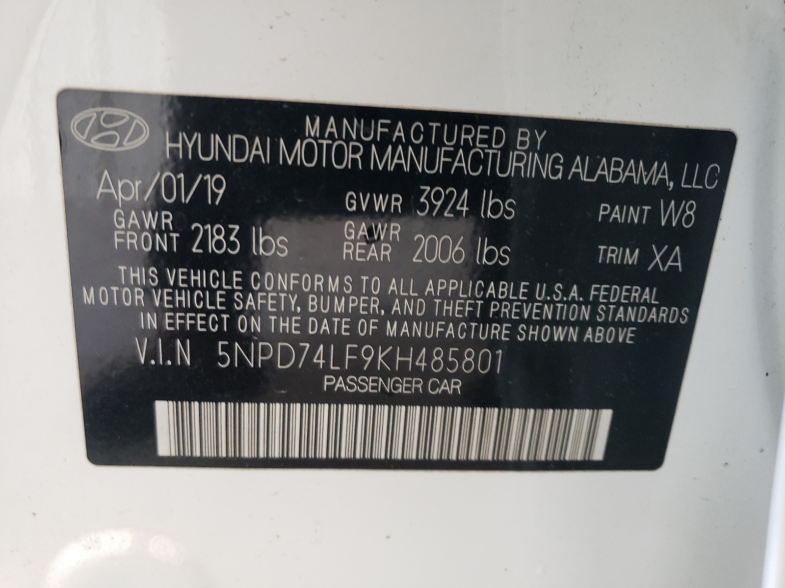 5NPD74LF9KH485801 2019 Hyundai Elantra Se