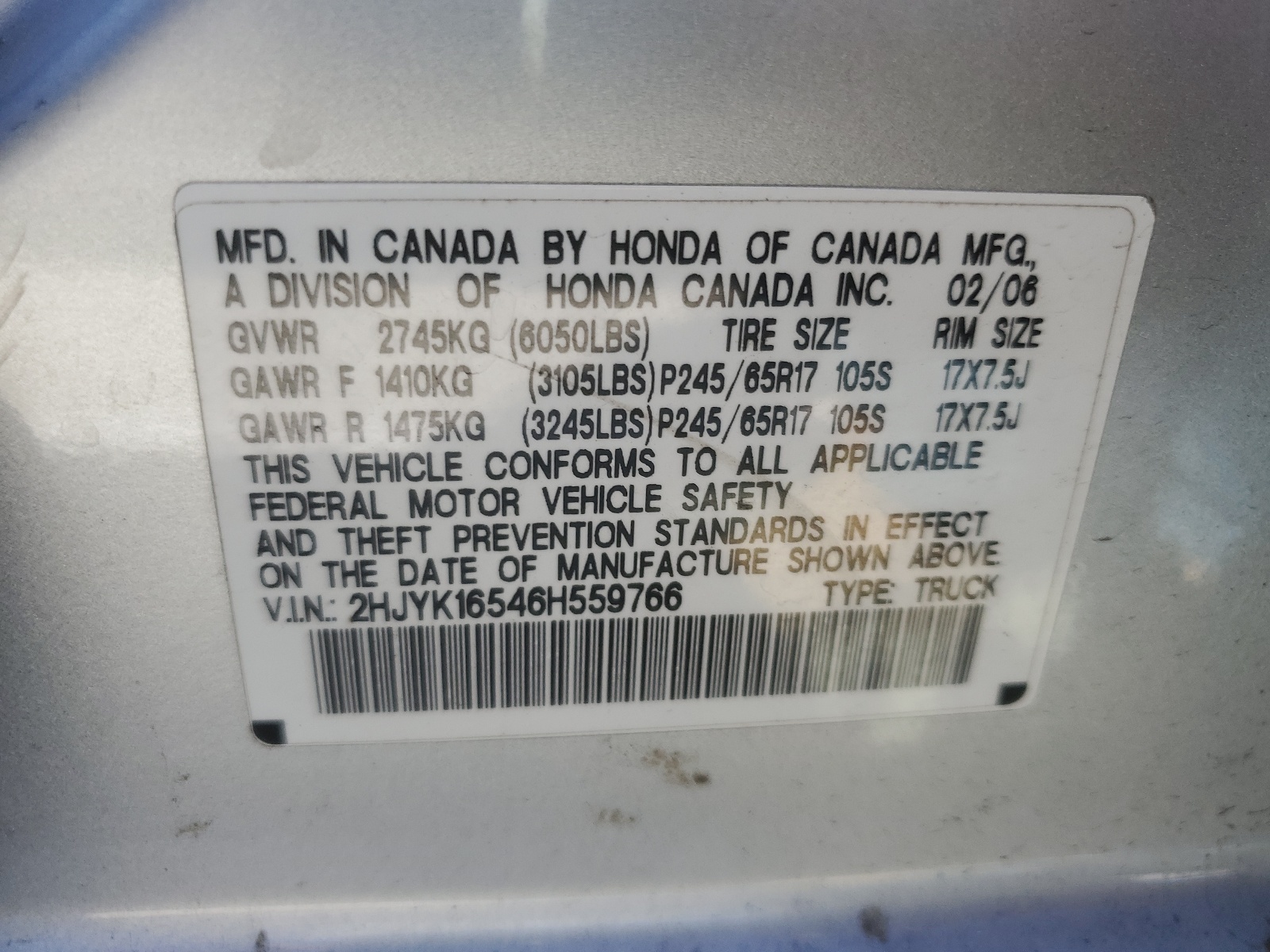 2HJYK16546H559766 2006 Honda Ridgeline Rtl