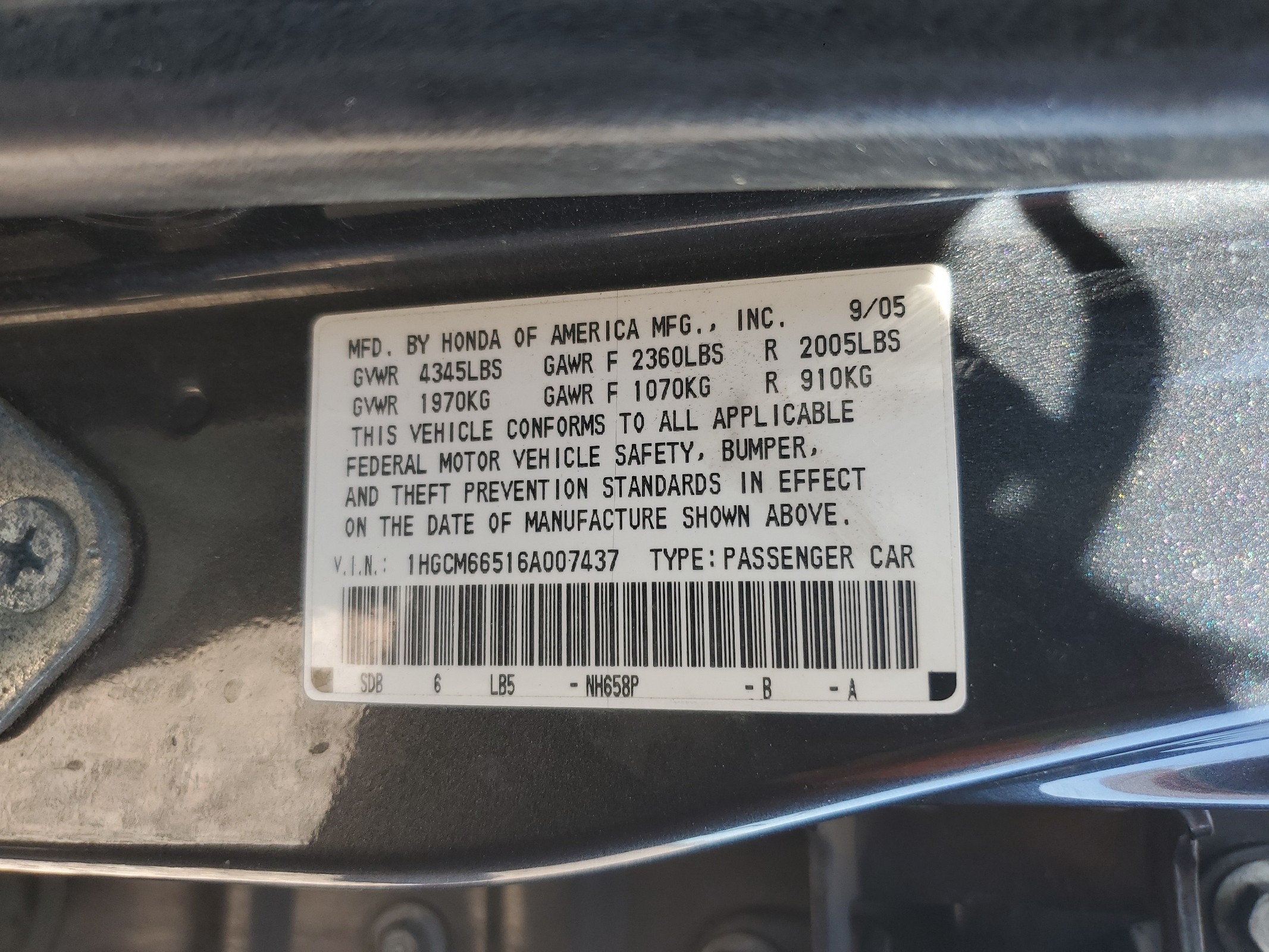 1HGCM66516A007437 2006 Honda Accord Ex