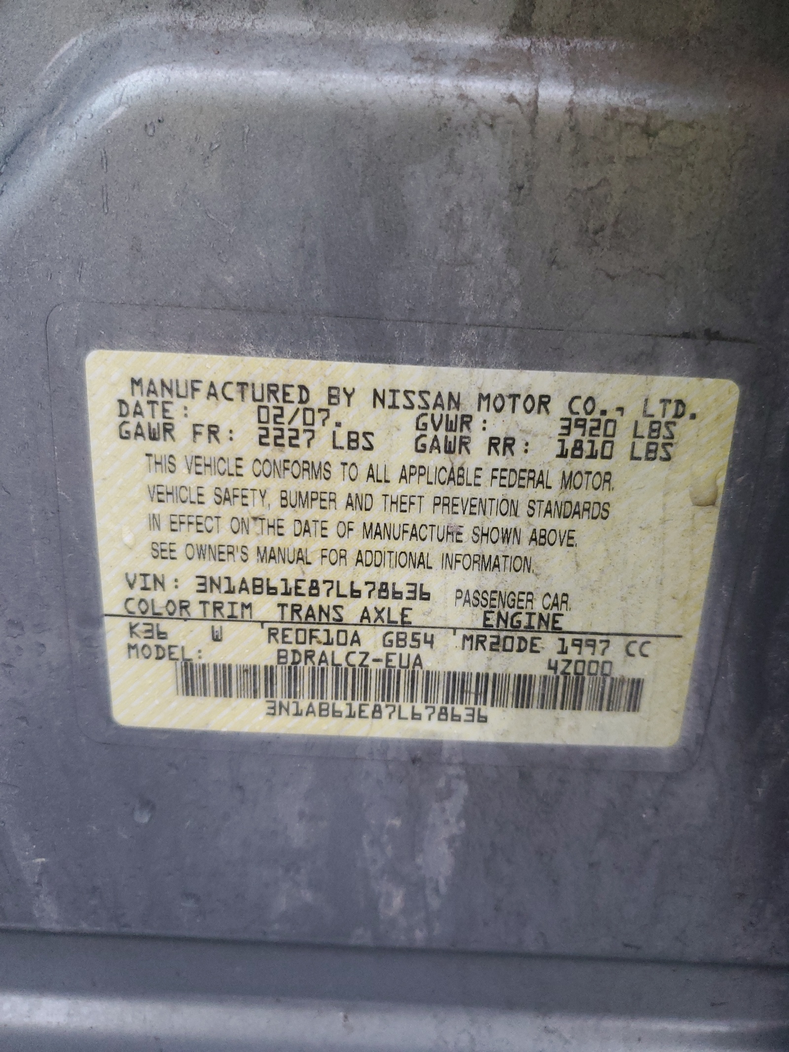 3N1AB61E87L678636 2007 Nissan Sentra 2.0