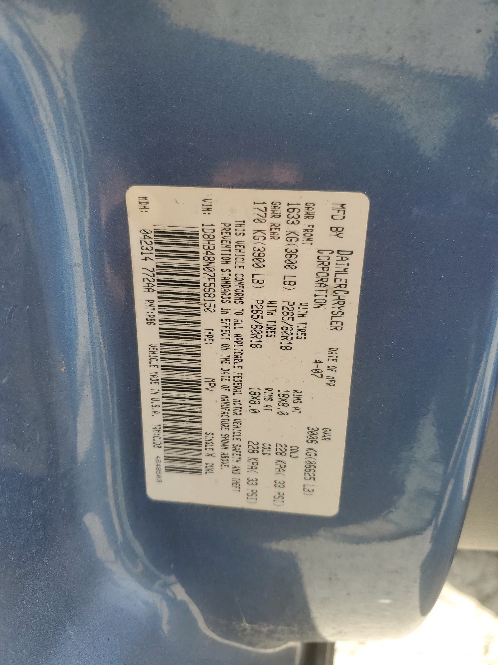 1D8HB48N07F568150 2007 Dodge Durango Slt