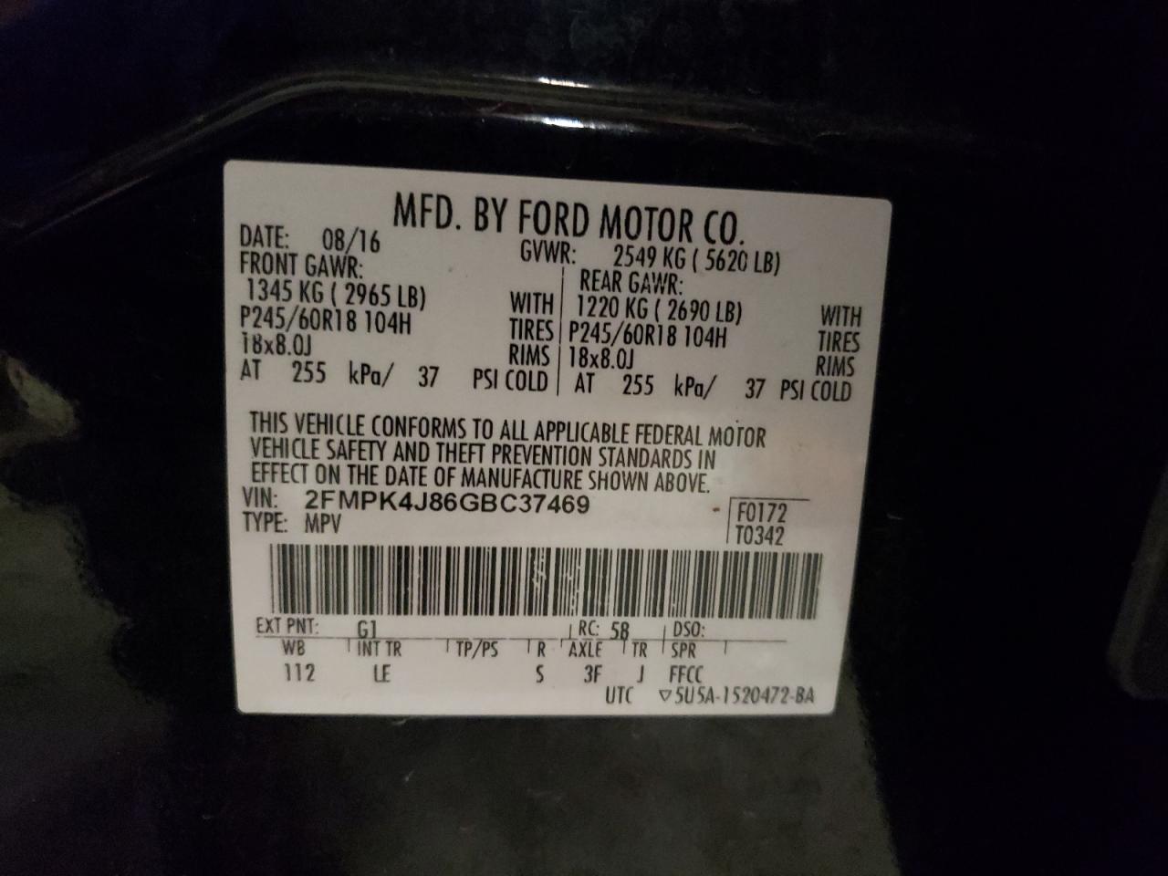 2016 Ford Edge Sel VIN: 2FMPK4J86GBC37469 Lot: 56334284