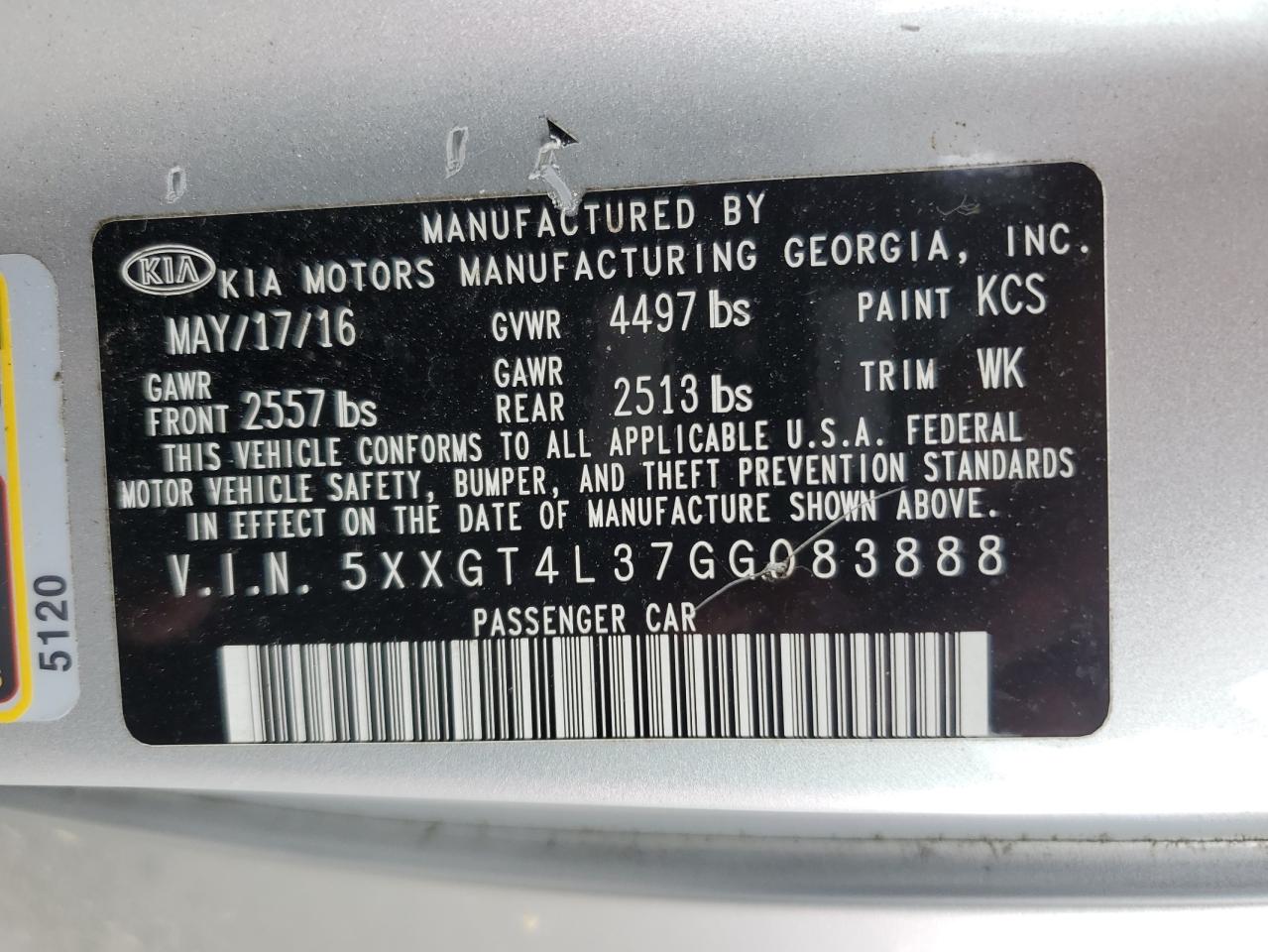 2016 Kia Optima Lx VIN: 5XXGT4L37GG083888 Lot: 56302714