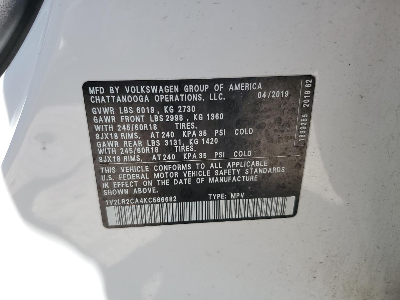 1V2LR2CA4KC566682 2019 Volkswagen Atlas Se