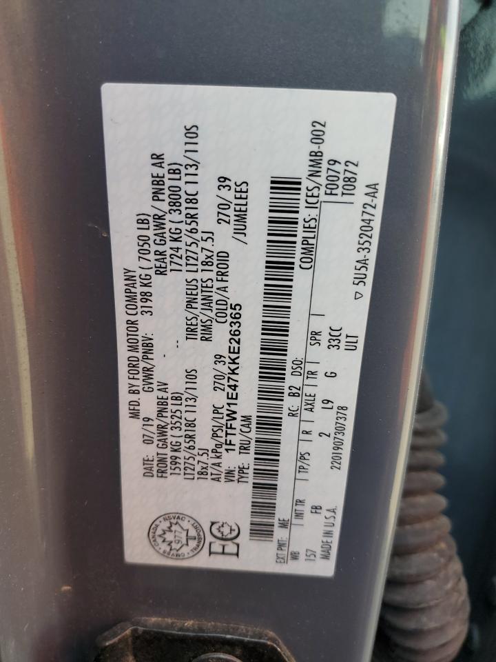 2019 Ford F150 Supercrew VIN: 1FTFW1E47KKE26365 Lot: 54875974