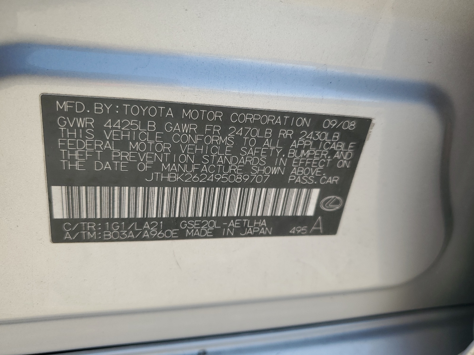 JTHBK262495089707 2009 Lexus Is 250