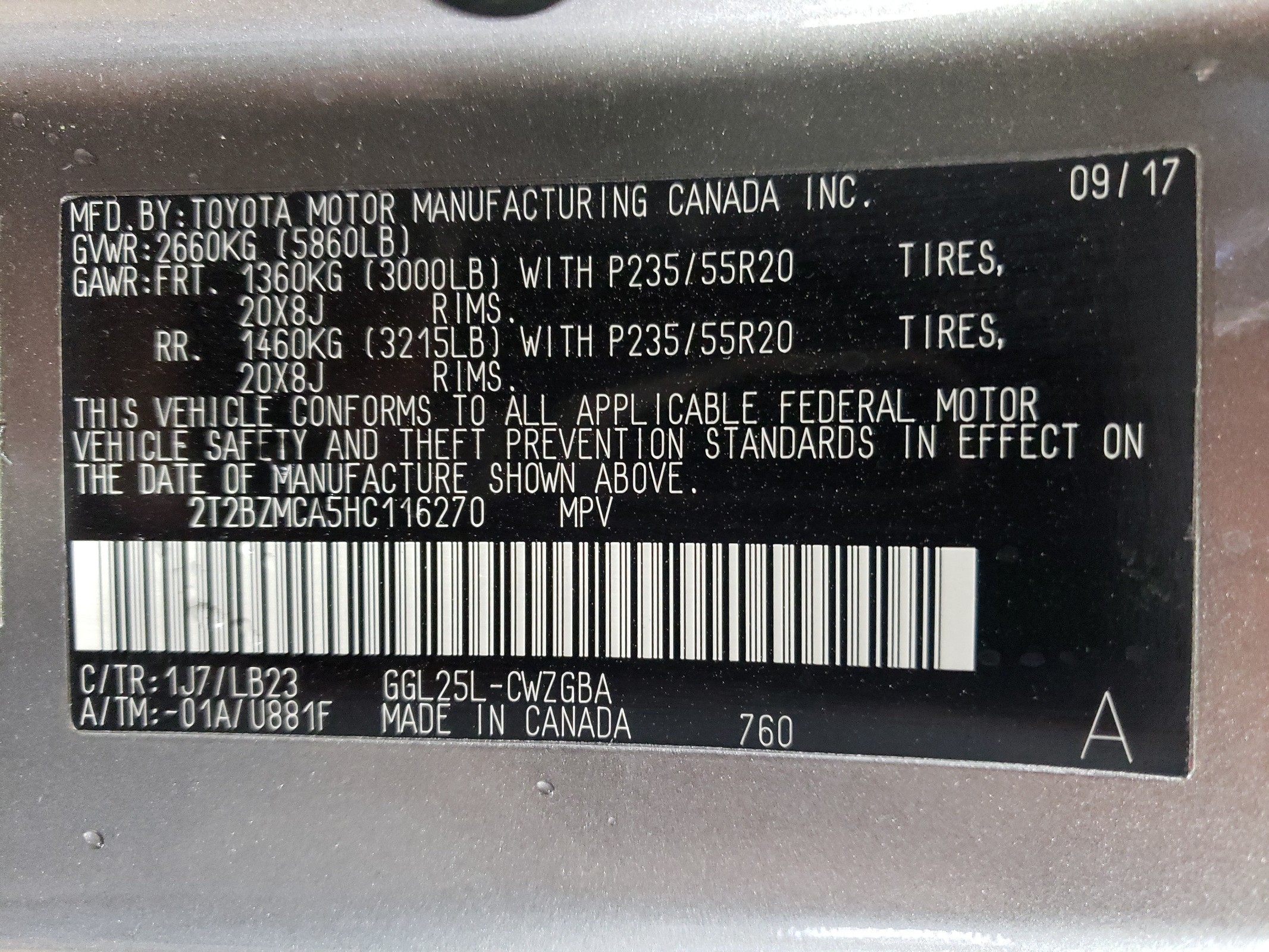 2T2BZMCA5HC116270 2017 Lexus Rx 350 Base