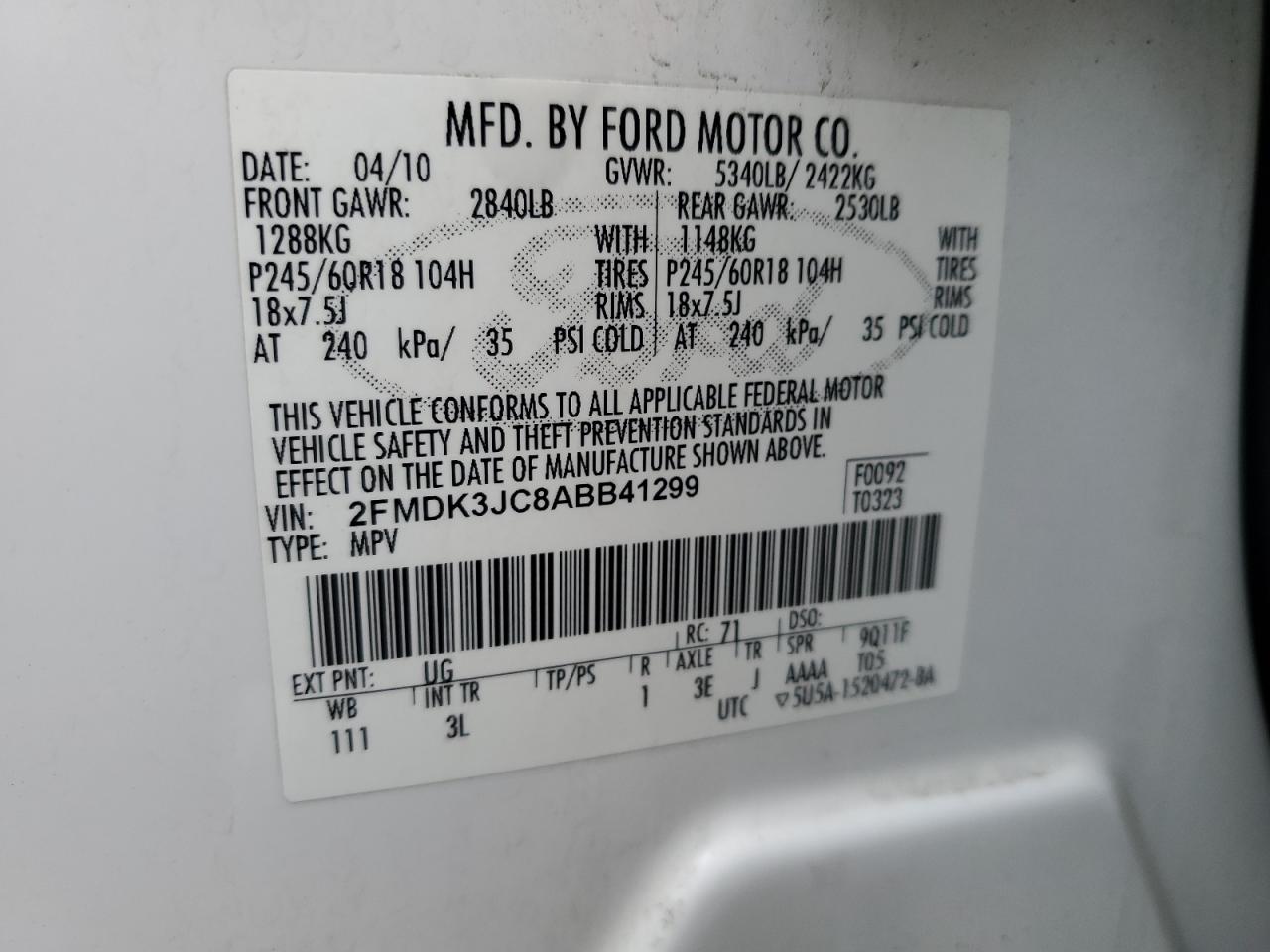 2010 Ford Edge Sel VIN: 2FMDK3JC8ABB41299 Lot: 54912054