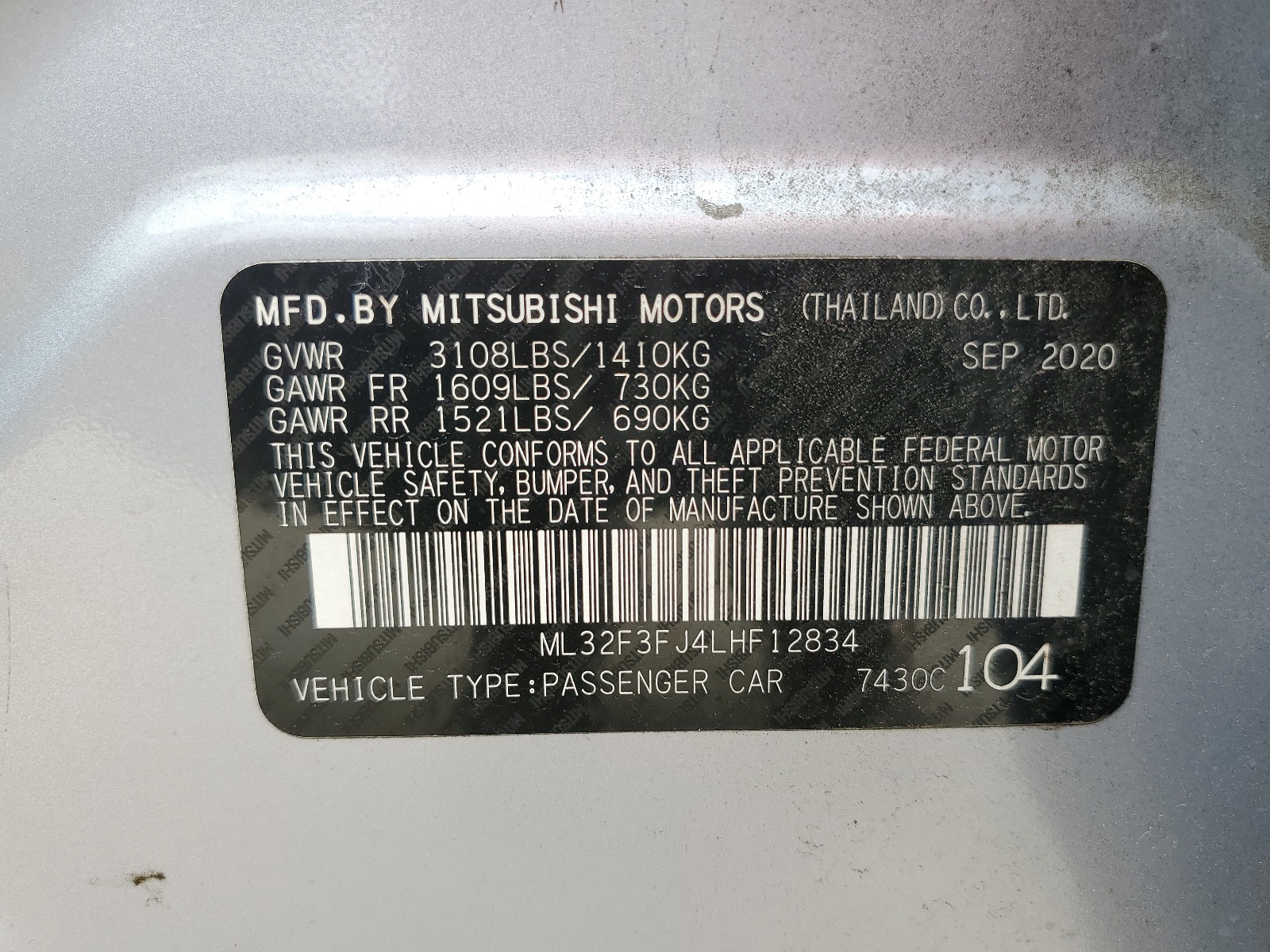 ML32F3FJ4LHF12834 2020 Mitsubishi Mirage G4 Es