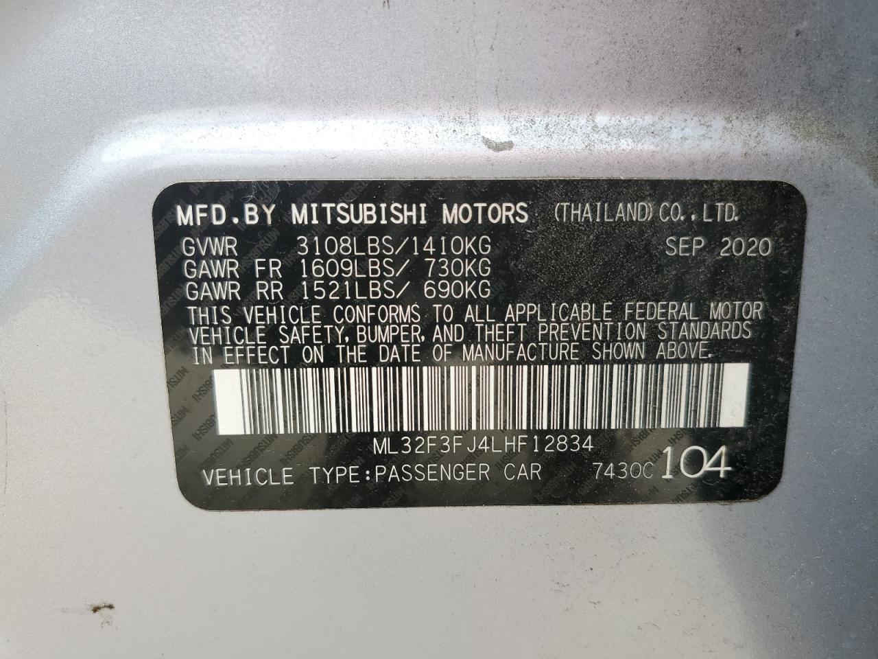 2020 Mitsubishi Mirage G4 Es VIN: ML32F3FJ4LHF12834 Lot: 53589844