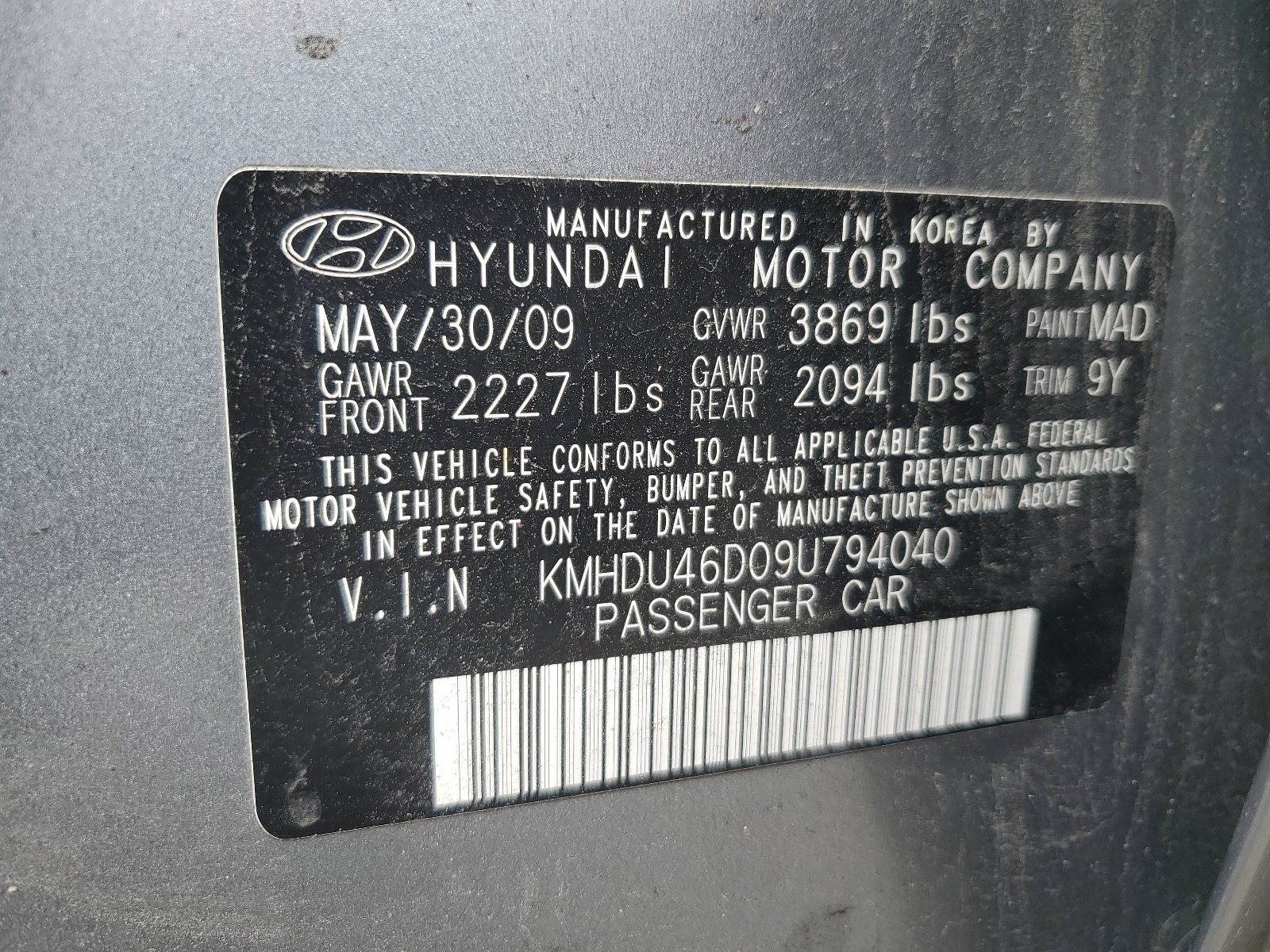 KMHDU46D09U794040 2009 Hyundai Elantra Gls