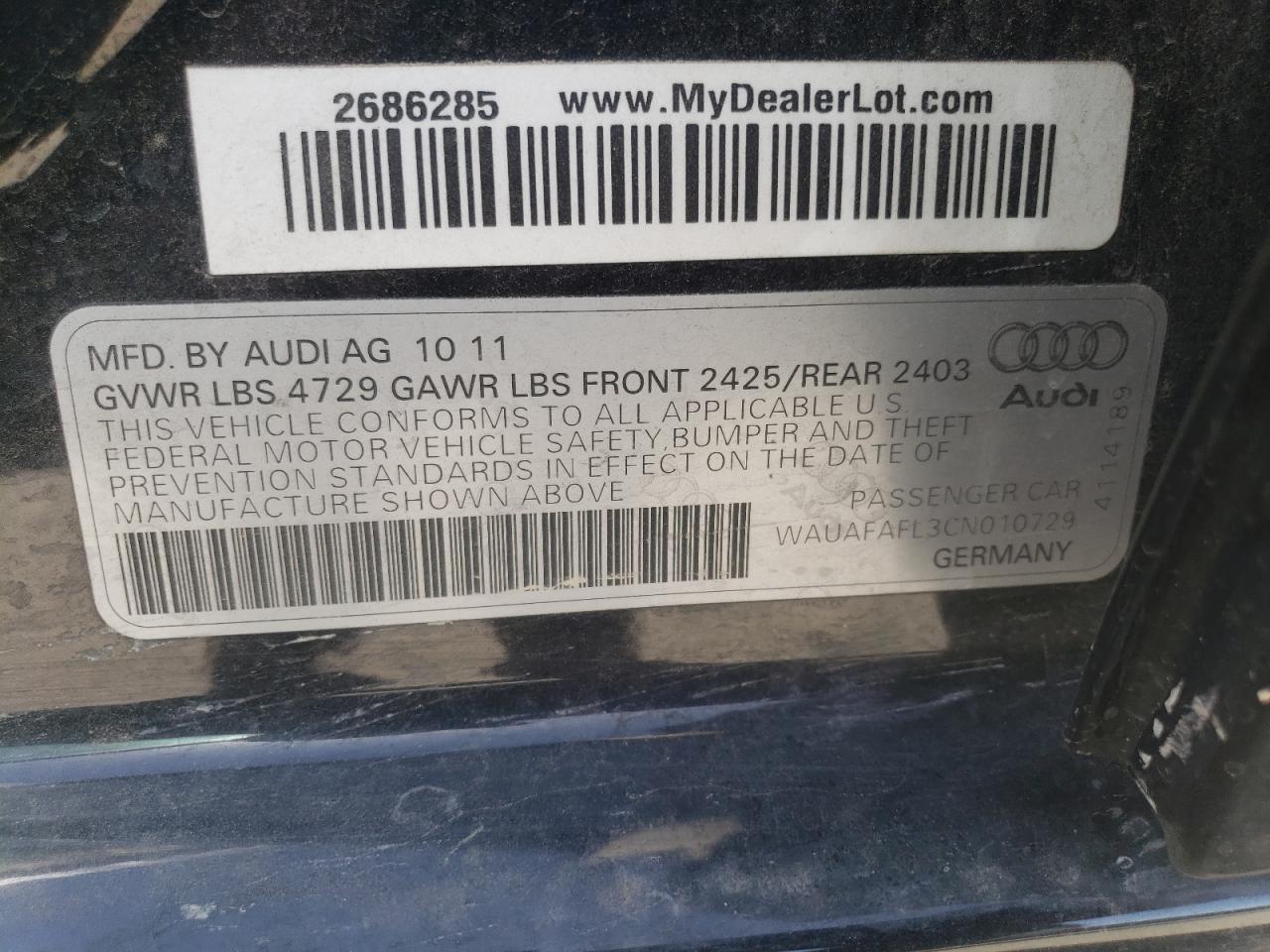 2012 Audi A4 Premium VIN: WAUAFAFL3CN010729 Lot: 55218574