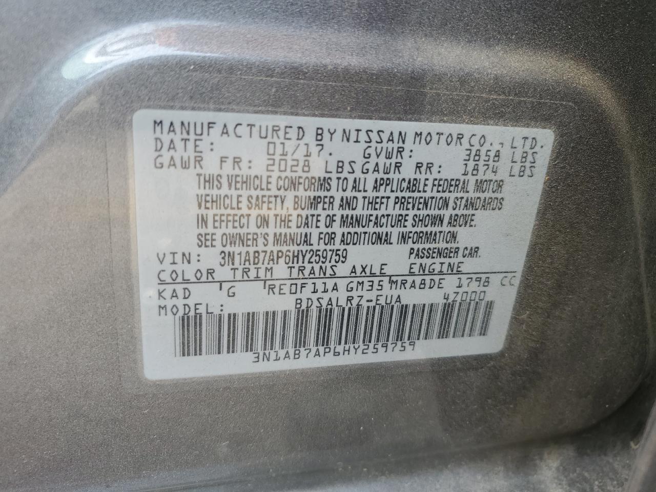 3N1AB7AP6HY259759 2017 Nissan Sentra S