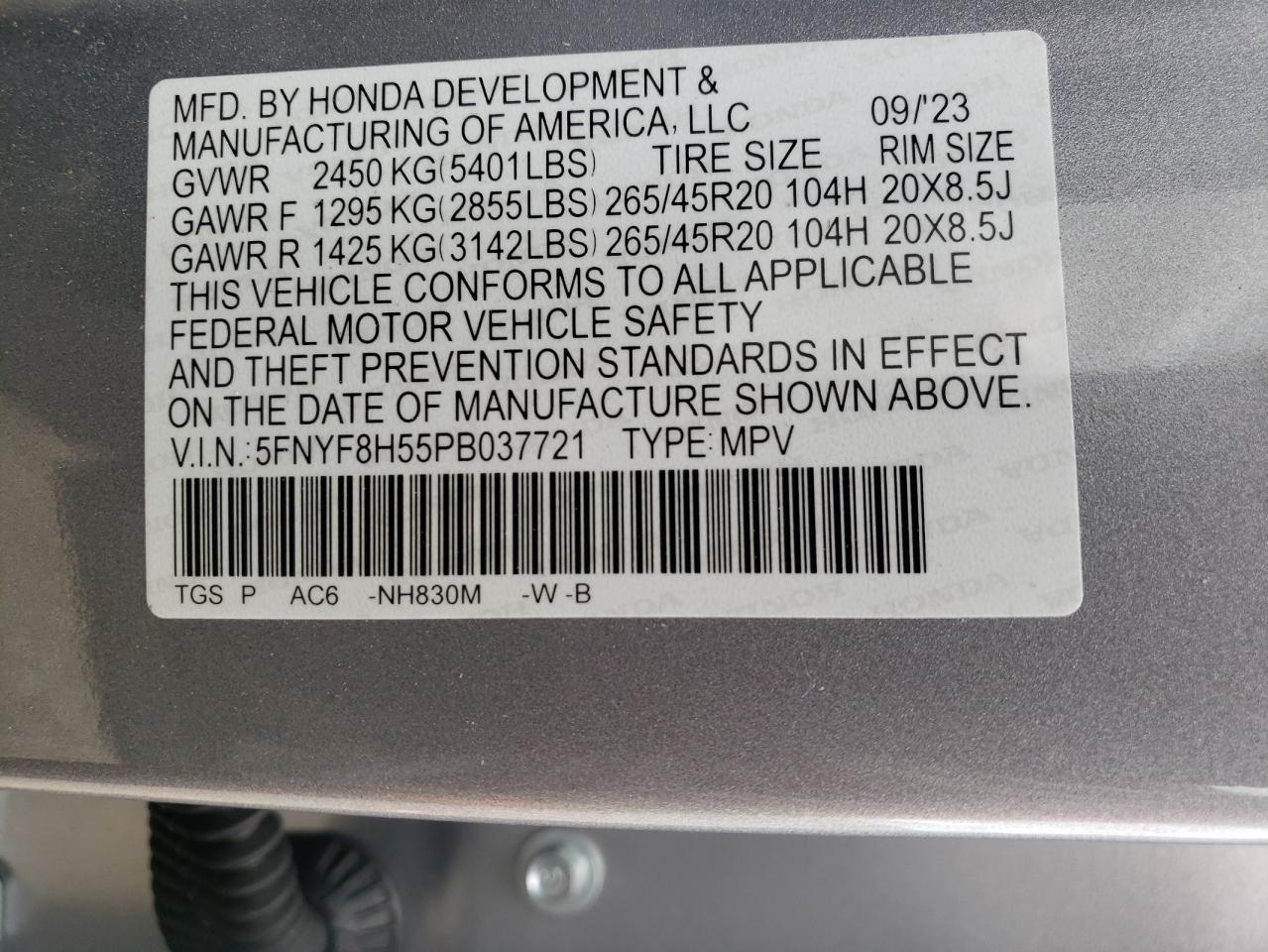 2023 Honda Passport Exl VIN: 5FNYF8H55PB037721 Lot: 55065554