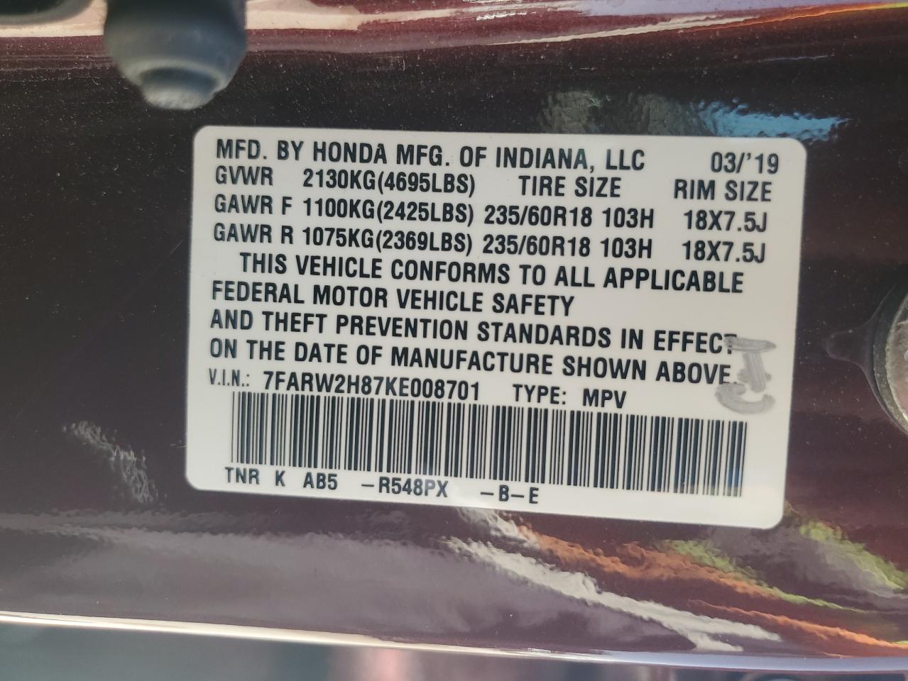 2019 Honda Cr-V Exl VIN: 7FARW2H87KE008701 Lot: 56347274