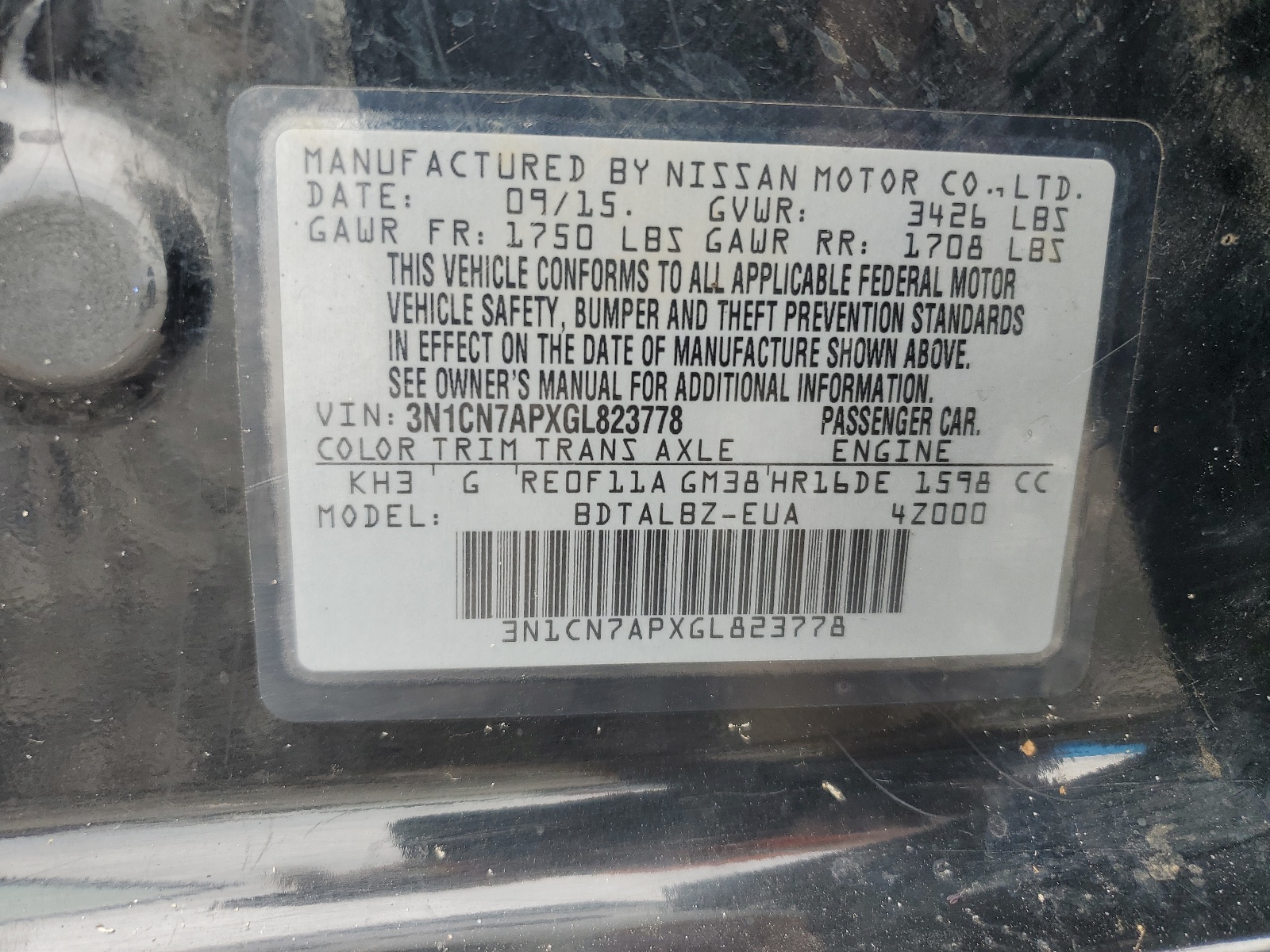 3N1CN7APXGL823778 2016 Nissan Versa S