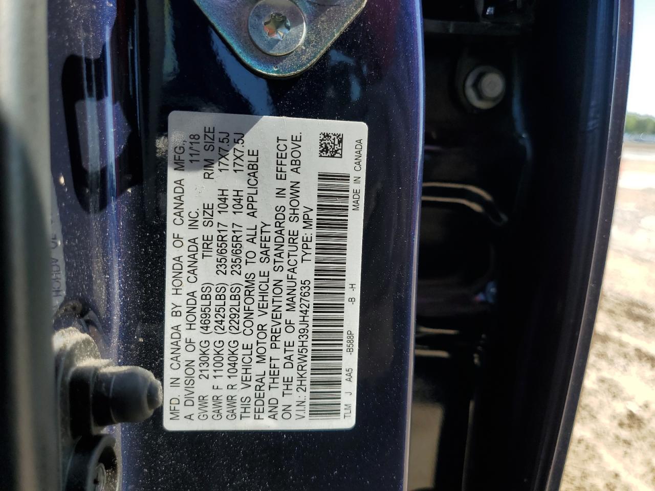 2HKRW5H39JH427635 2018 Honda Cr-V Lx