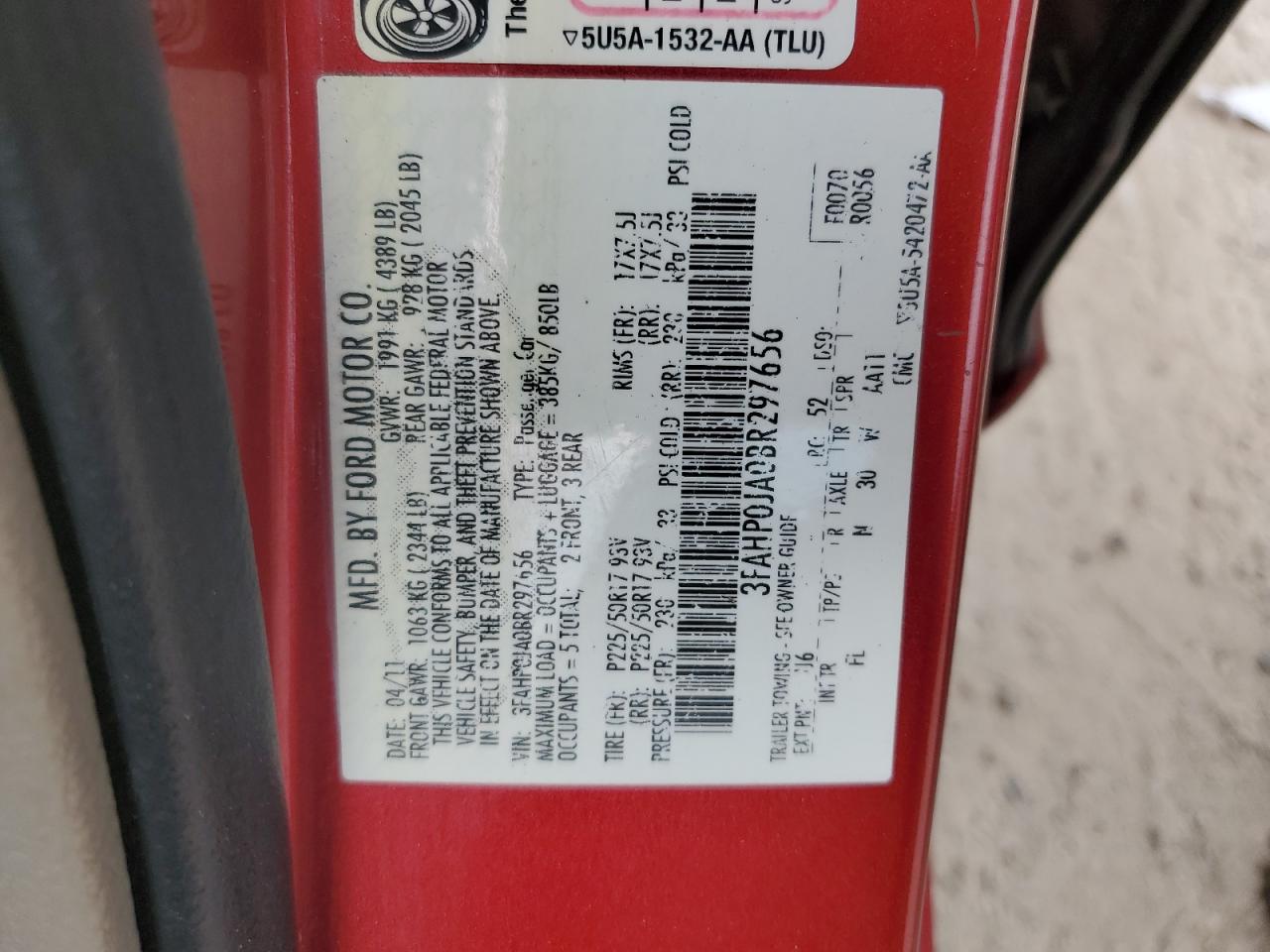 2011 Ford Fusion Sel VIN: 3FAHP0JA0BR297656 Lot: 56147584