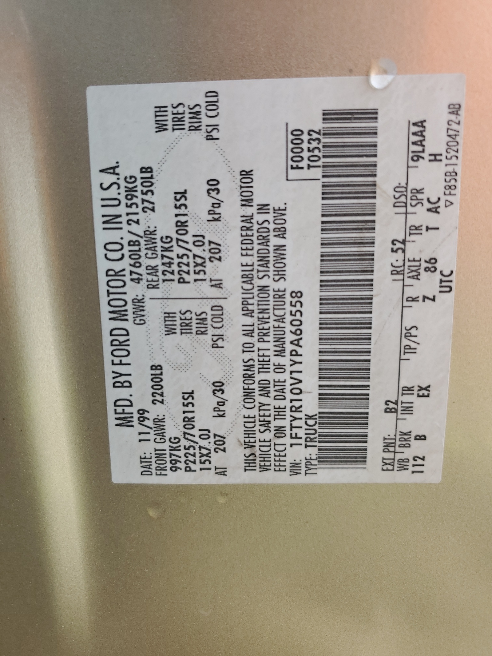 1FTYR10V1YPA60558 2000 Ford Ranger