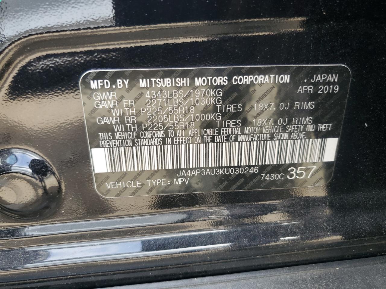 2019 Mitsubishi Outlander Sport Es VIN: JA4AP3AU3KU030246 Lot: 55336504