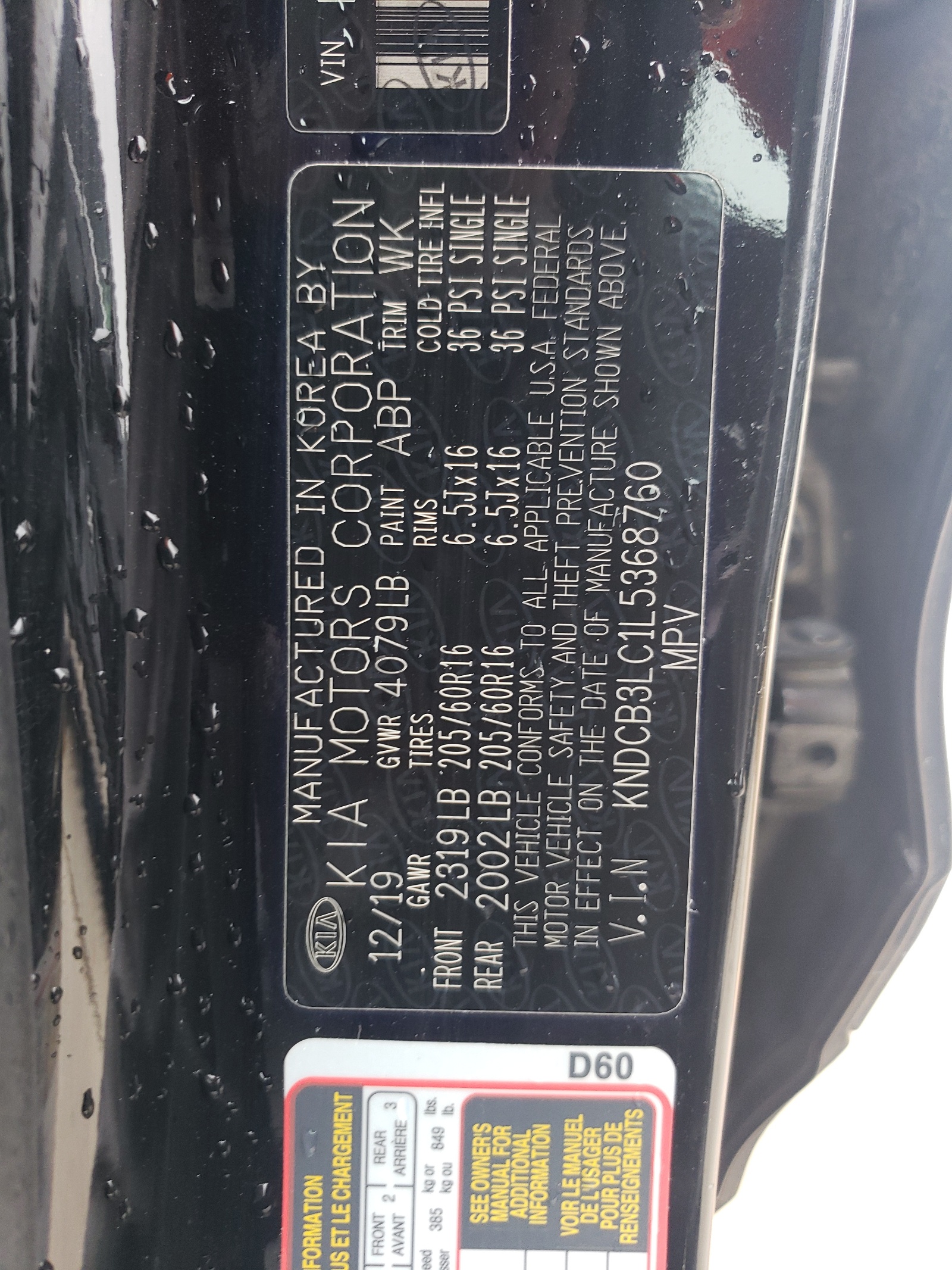 KNDCB3LC1L5368760 2020 Kia Niro Lx