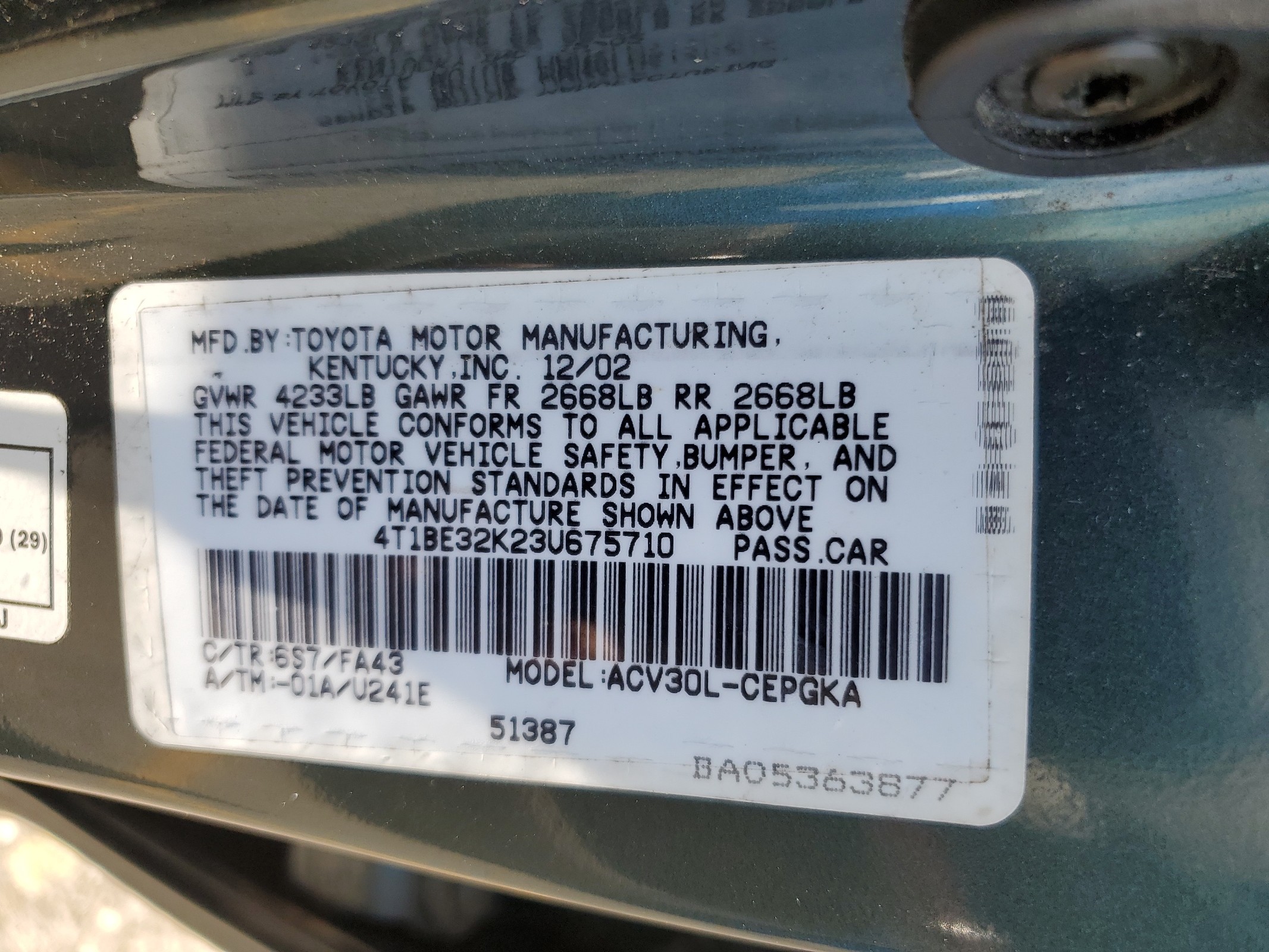 4T1BE32K23U675710 2003 Toyota Camry Le