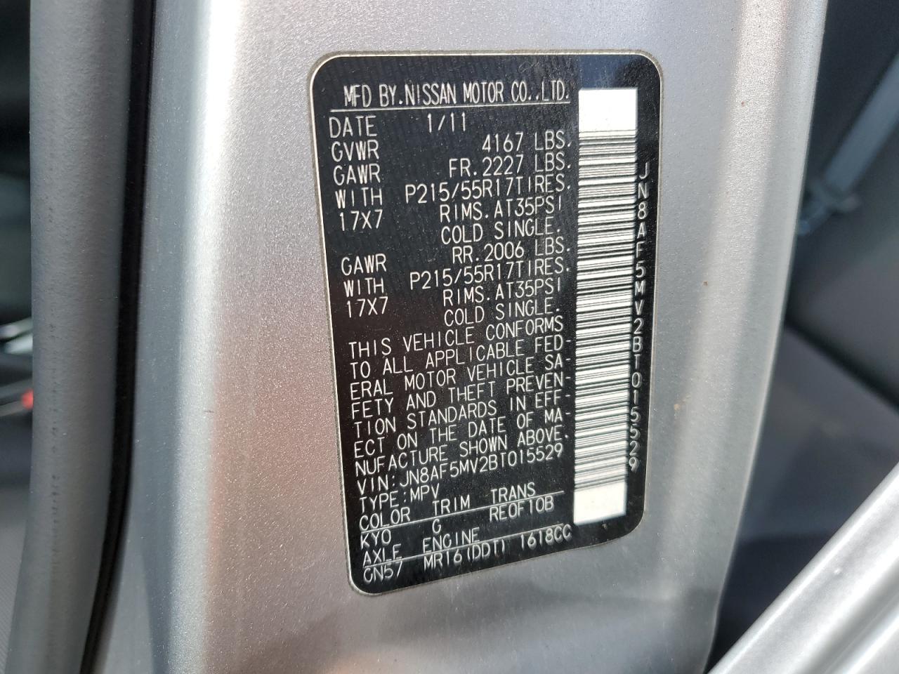 2011 Nissan Juke S VIN: JN8AF5MV2BT015529 Lot: 53575914