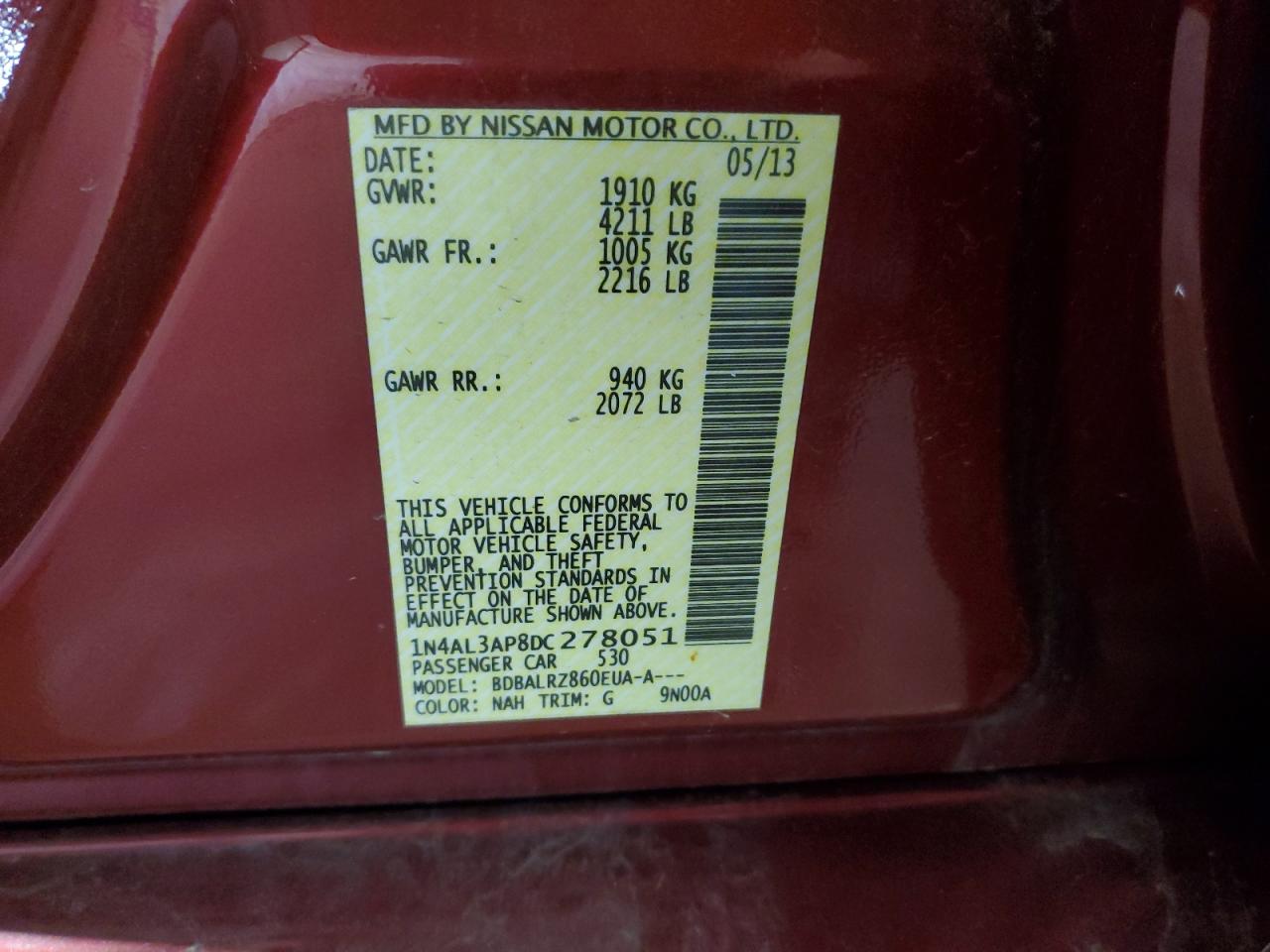 1N4AL3AP8DC278051 2013 Nissan Altima 2.5