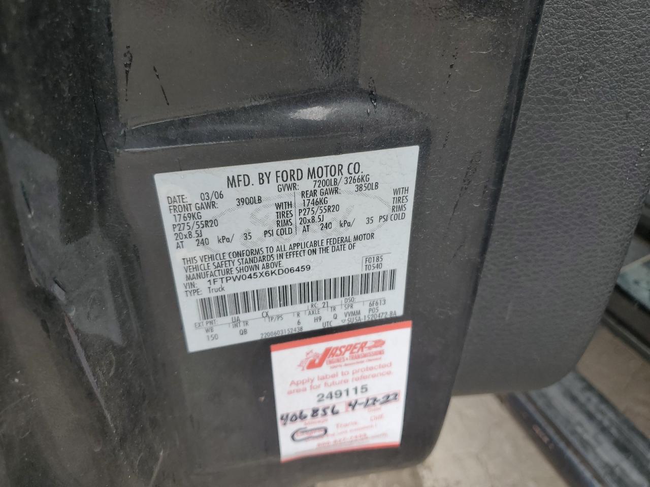 2006 Ford F150 VIN: 1FTPW045X6KD06459 Lot: 56271304