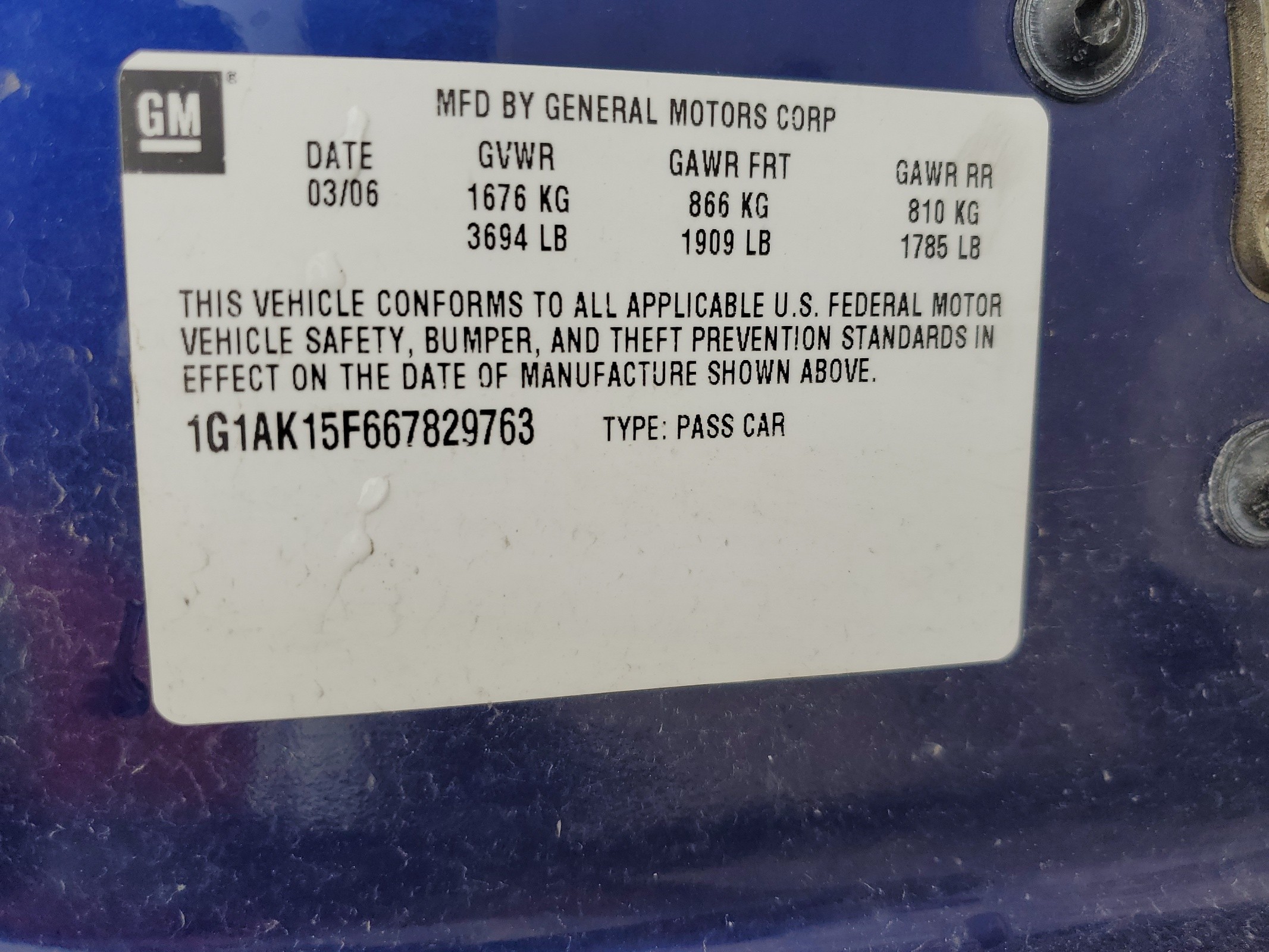 1G1AK15F667829763 2006 Chevrolet Cobalt Ls