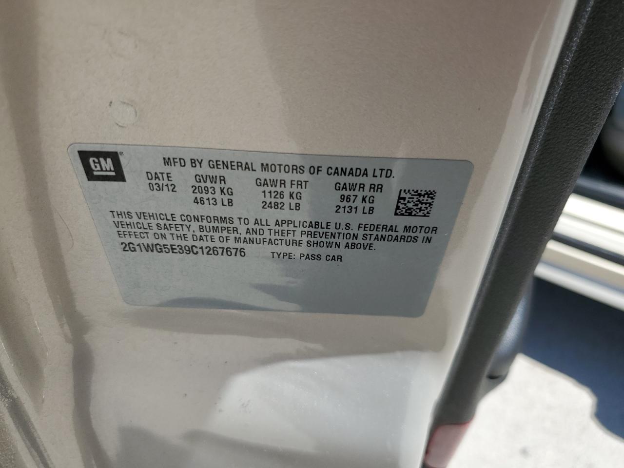 2012 Chevrolet Impala Lt VIN: 2G1WG5E39C1267676 Lot: 52925004