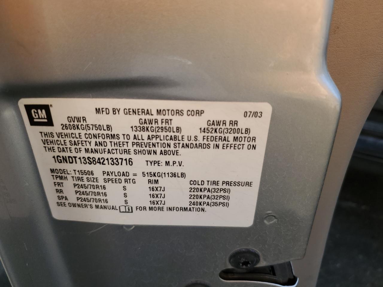 2004 Chevrolet Trailblazer Ls VIN: 1GNDT13S842133716 Lot: 56401304