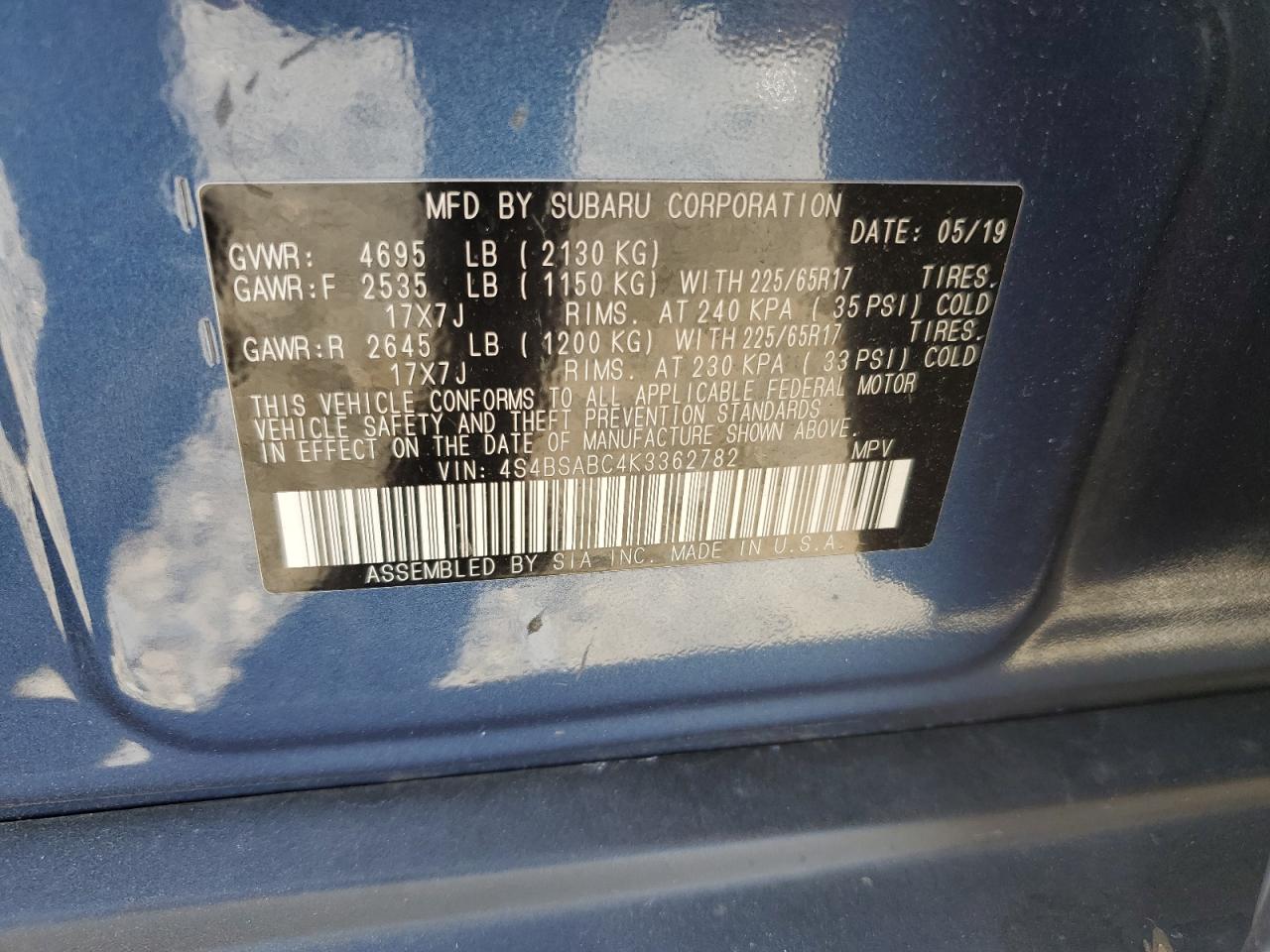 4S4BSABC4K3362782 2019 Subaru Outback 2.5I