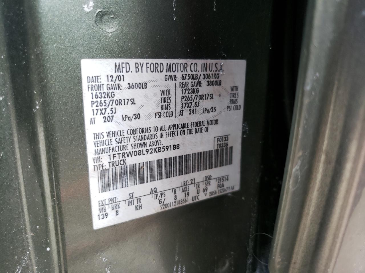 2002 Ford F150 Supercrew VIN: 1FTRW08L92KB59188 Lot: 55904644