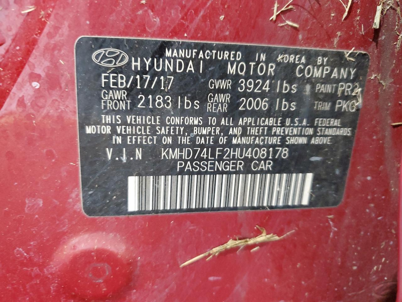 2017 Hyundai Elantra Se VIN: KMHD74LF2HU408178 Lot: 55818894