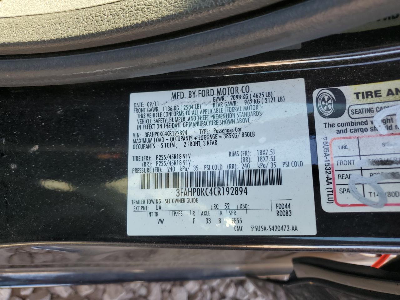 2012 Ford Fusion Sport VIN: 3FAHP0KC4CR192894 Lot: 55488564