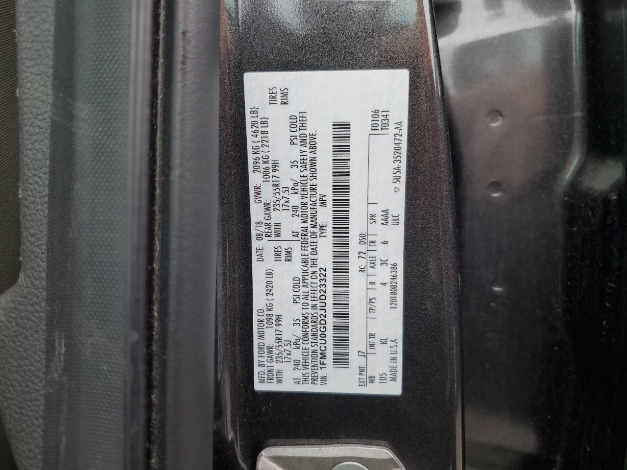 2018 Ford Escape Se VIN: 1FMCU0GD2JUD23322 Lot: 57149244