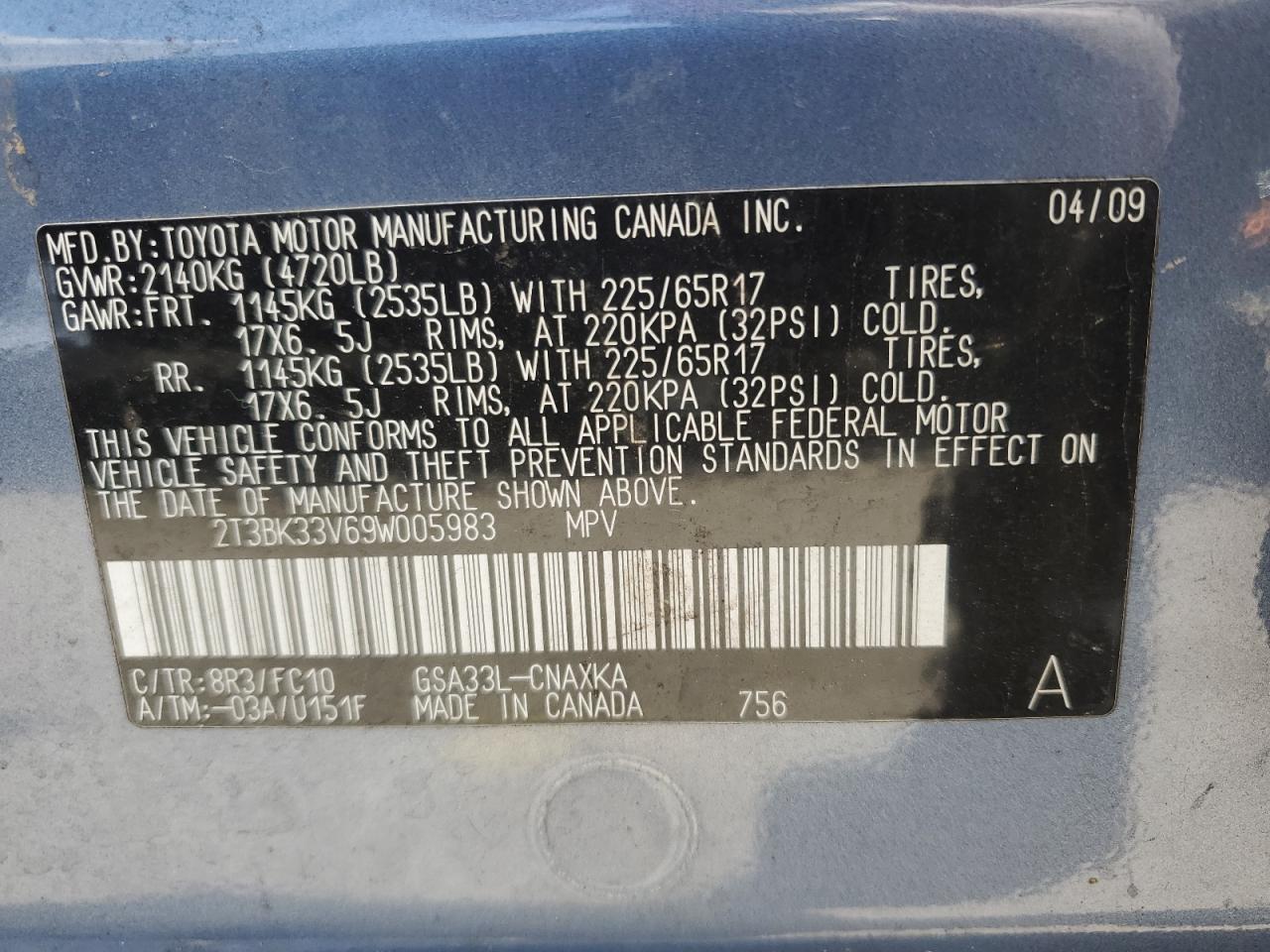 2009 Toyota Rav4 VIN: 2T3BK33V69W005983 Lot: 55381904