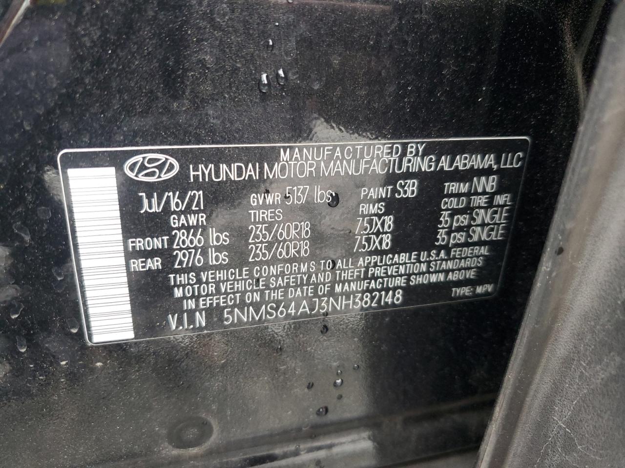 5NMS64AJ3NH382148 2022 Hyundai Santa Fe Sel