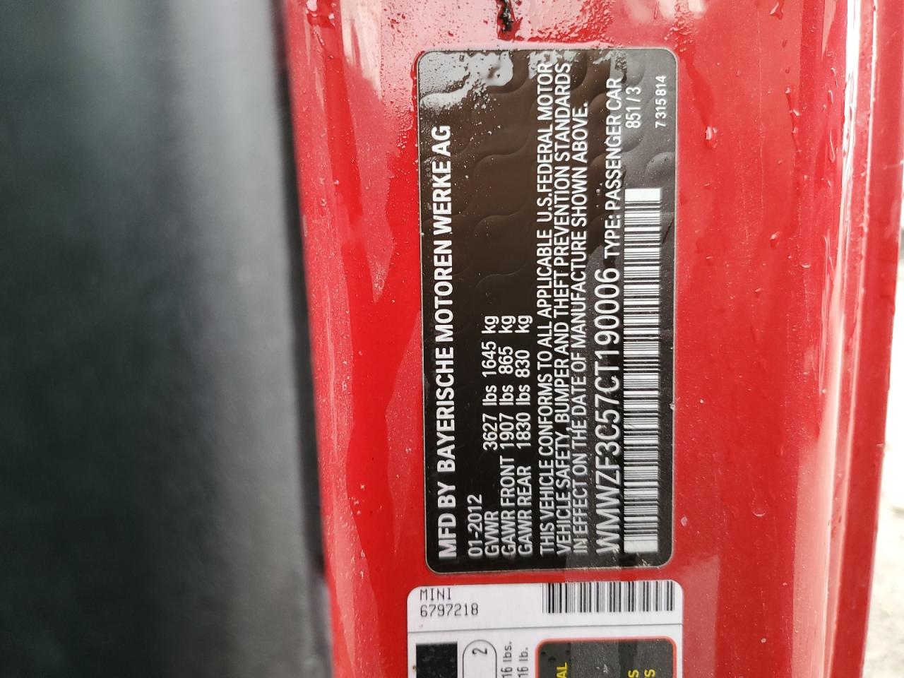 2012 Mini Cooper Clubman VIN: WMWZF3C57CT190006 Lot: 53809634