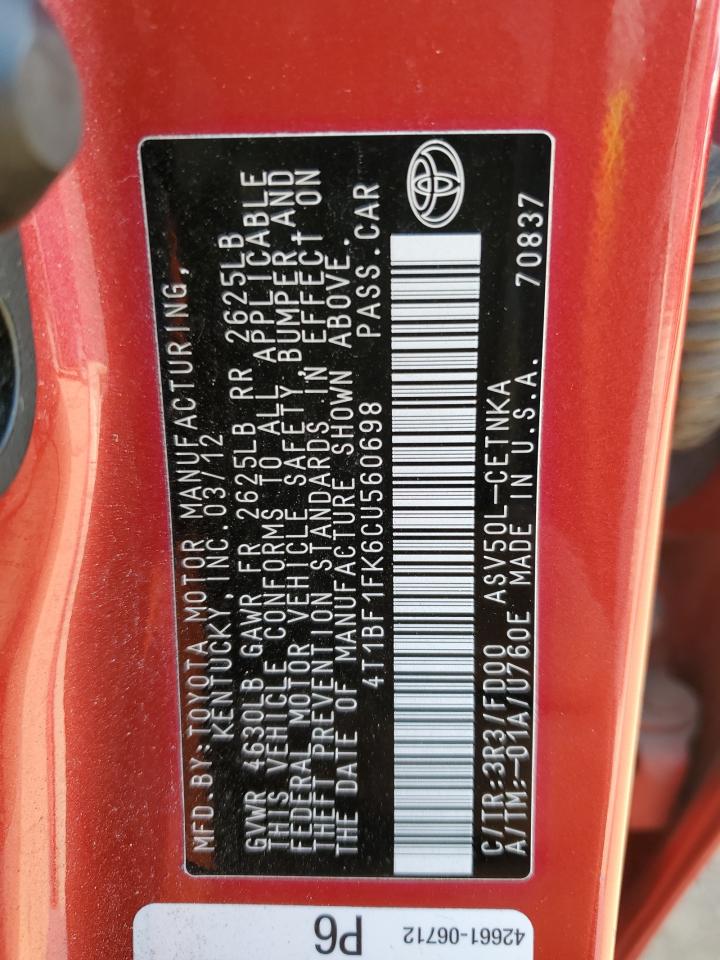 4T1BF1FK6CU560698 2012 Toyota Camry Base