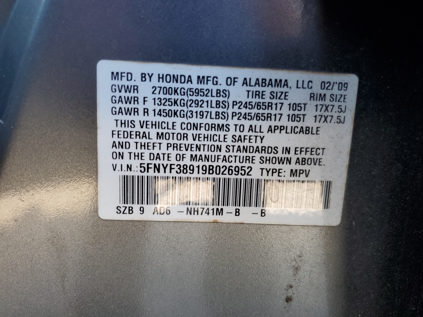 5FNYF38919B026952 2009 Honda Pilot Touring