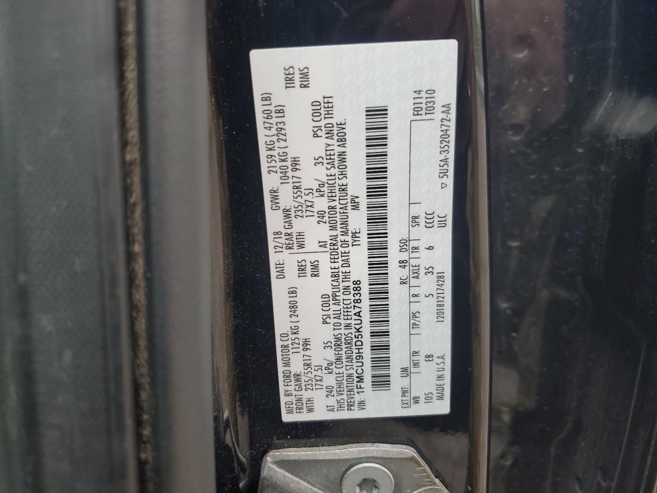 2019 Ford Escape Sel VIN: 1FMCU9HD5KUA78388 Lot: 52742784